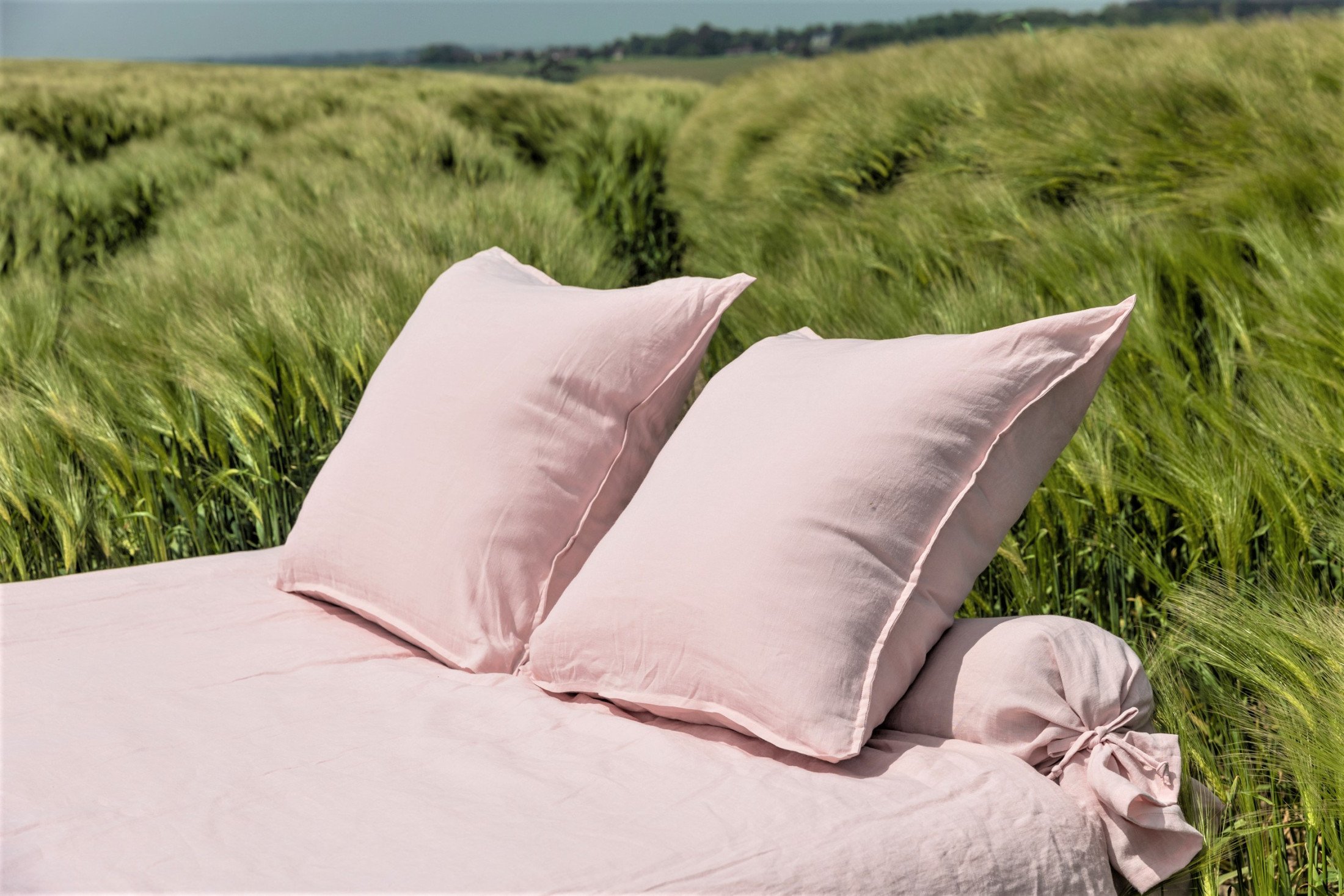 Coussin tête de lit en lin rose poudré / Oreiller tête de lit -  France